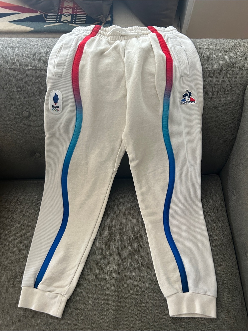 Le Coq Sportif White Joggers with Blue and Red Gradient Trim